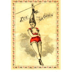 Postcard Zeo The Air Queen hanging from her hair on a zip wire